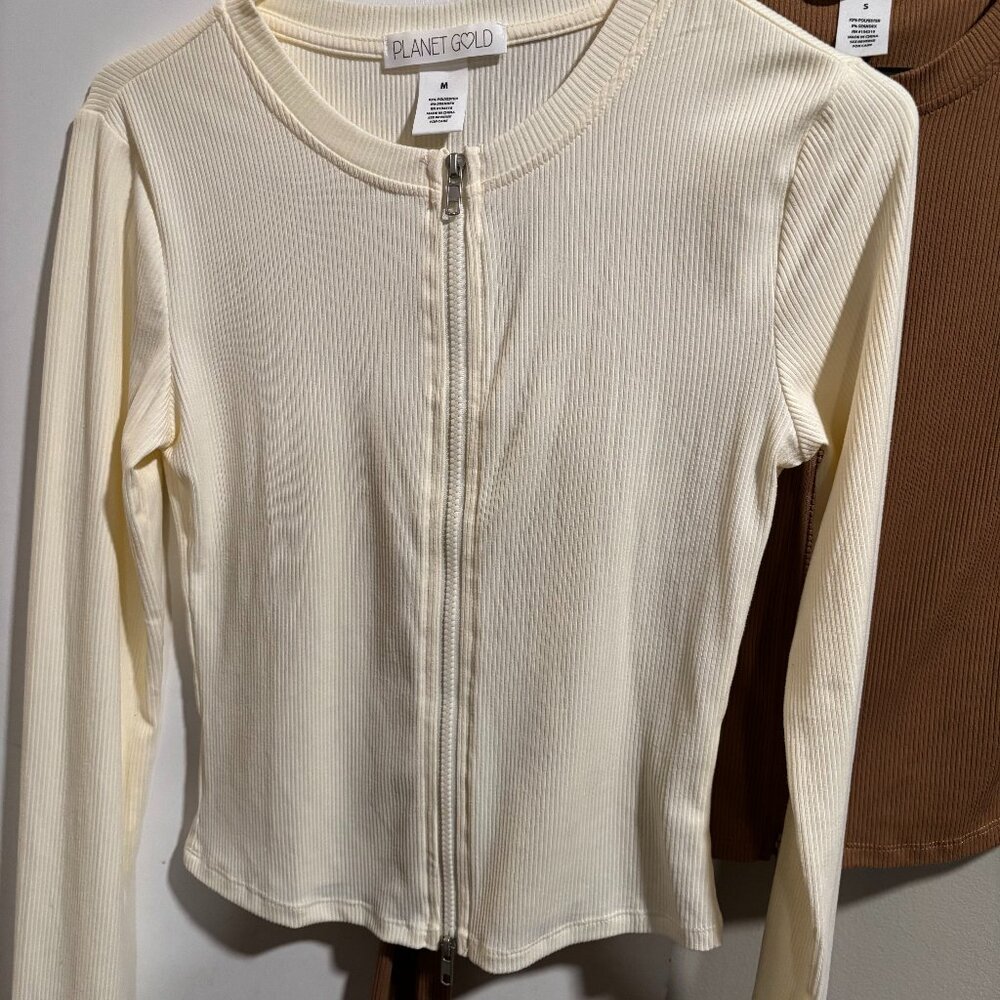 Planet Gold Juniors' Double-Zip Long-Sleeve Ribbed Top Ivory SZ: M